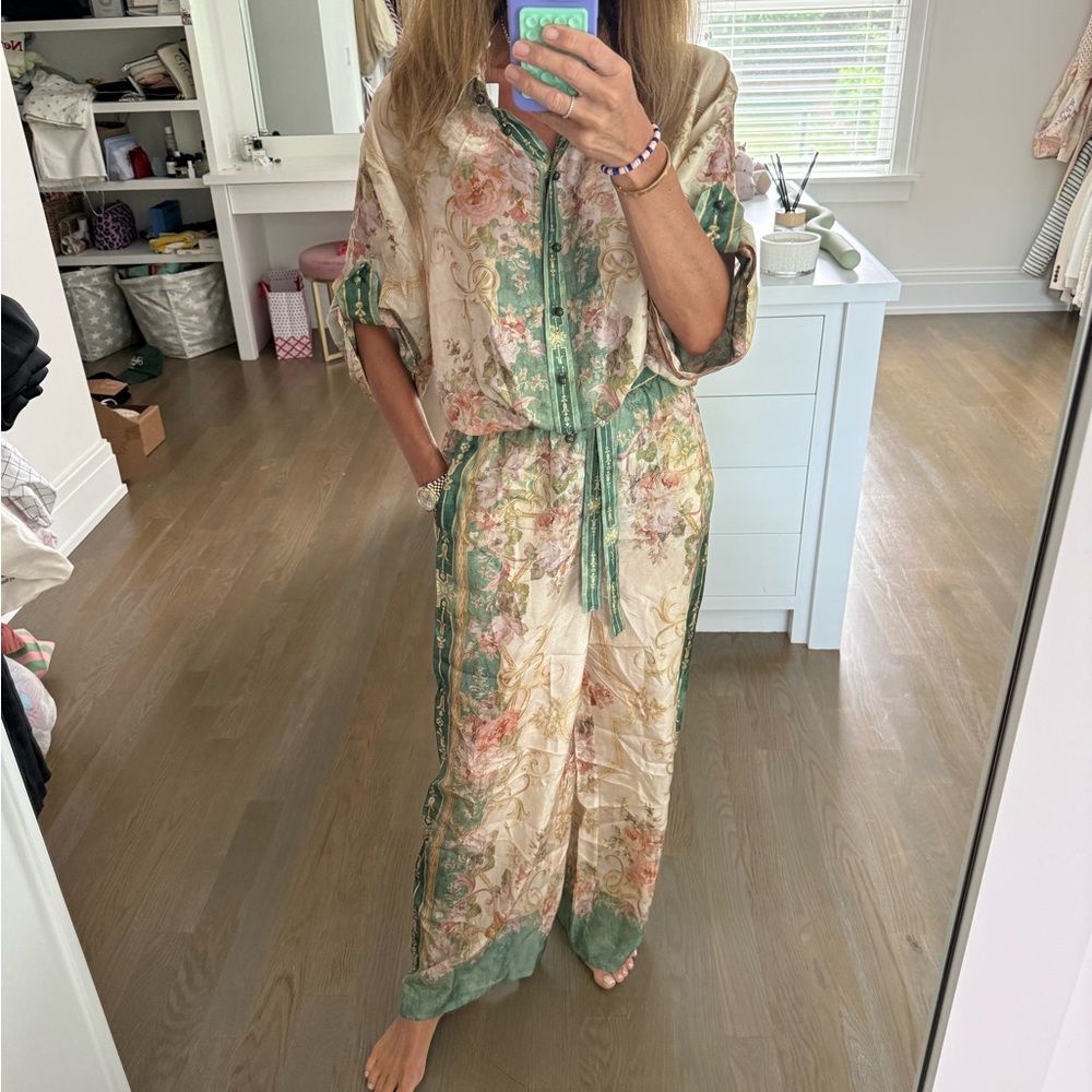 Zimmermann Cream and Green Floral Jumpsuit